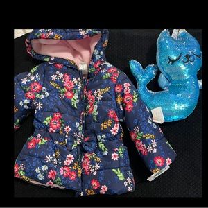 Little Me floral puffer jacket and shirt set plus a magic sequin plush.